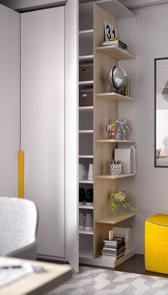 a room with a yellow chair and bookshelf next to a white bed in it