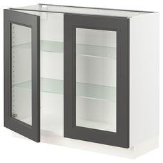 a white cabinet with glass doors and shelves on both sides, in front of a white background