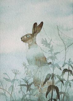 a watercolor painting of a rabbit sitting in the tall grass looking up at something