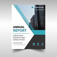 a blue and black annual report cover with buildings in the background on a gray surface