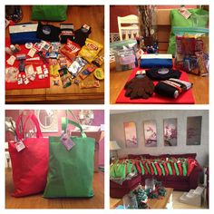 four different pictures of bags and gifts on the floor, with one bag full of presents