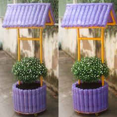 two pictures of a potted plant in front of a building with purple roofing