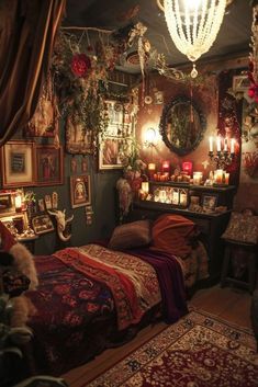 a bedroom with many pictures and candles on the wall