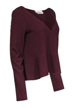 Get a luxe fall look with this rich burgundy textured blouse designed by See by Chloe. A lightweight blouse with long sleeves and relaxed peplum silhouette create an easy and effortless look. Layer with a vest, dark wash jeans, boots, and a fall hat to get into that fab fall feeling! Size M 97% Polyester, 3% Elastane Pull-on Unlined Relaxed peplum silhouette V-neckline Long sleeves Textured fabric Chic Textured Knit Blouse For Fall, Textured Knit Long Sleeve Blouse For Fall, Chic Burgundy Long Sleeve Blouse, Chic Long Sleeve Burgundy Blouse, Elegant Burgundy Fall Blouse, Elegant Fall Layering Tops, Chic Long Sleeve Top For Fall Layering, Chic Burgundy Tops For Workwear, Chic Burgundy Blouse For Night Out