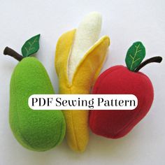 two apples and a pear are sitting next to each other on a white surface with the words sewing pattern below it