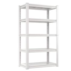 a white shelving unit with four shelves on one side and two levels to the other