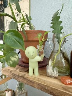 there is a small green figure on the shelf next to some potted plants and bottles