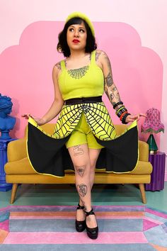 Live your most stylishly spooky life in this fab skirt! It's custom-printed with vintage inspired spiderwebs to complement the embroidery on the matching romper, plus a button front and pockets - how Glamour Ghoul is that?  Imported. Glamour Ghoul, Chartreuse Green, Spider Web, Live For Yourself, Clothing Items, Custom Print, Pin Up, Vintage Inspired, Art Collection