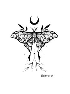 a black and white drawing of a butterfly with the moon in the sky above it