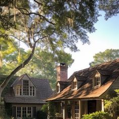 a house with trees and bushes around it