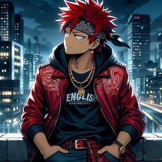 an anime character with red hair sitting on a ledge