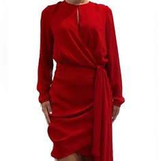 Vera Asymm Draped Open Back Dress Size M Nwt Elegant Red Draped Dress, Red Draped Midi Dress For Formal Occasions, Chic Red Draped Dress, Chic Red Draped Midi Dress, Elegant Red Ruched Mini Dress, Elegant Red Mini Dress With Ruched Details, Red Draped Mini Dress For Formal Occasions, Red Draped Silk Dress, Cotton Voile Dress