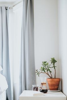 a small potted plant sitting on top of a white table next to a window