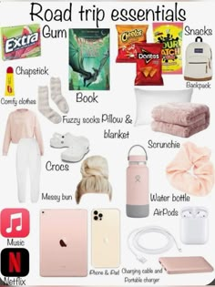 the road trip essentials are organized in pink, white and grey with text that says road trip essentials