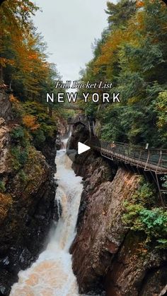 a waterfall with a bridge over it and the words new york on top of it