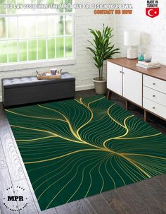 a green area rug with yellow lines on it