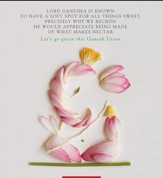 a card with pink flowers on it that says, let's go green this ganesh festival