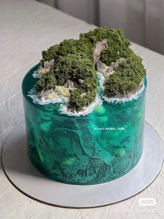 there is a cake that looks like moss in the water and rocks on top of it