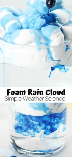 foam rain cloud in a glass container with blue and white dye on the bottom, text overlay reads foam rain cloud simple weather science