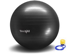 a black exercise ball with a blue ring next to it on a white background,