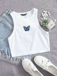 Crop Tops For Kids, Butterfly Embroidery, Cute Preppy Outfits, Cute Tank Tops, Women Tank Tops, Crop Top Outfits, Cute Crop Tops, Tween Outfits