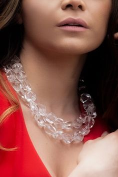 This is a timeless statement necklace made of 2 strands of beautiful clear Quartz with silver pave accents and sterling silver toggle closure.  The Quartz is extremely clear and each nugget measures 25x20mm.  Looks like ice in the summer or the winter.  Definitely a necklace that will be noticed. Elegant Clear Faceted Crystal Necklaces, Elegant Single Strand Clear Necklace, Elegant Clear Single Strand Crystal Necklace, Elegant Single Strand Clear Crystal Necklace, Summer Necklace, Quartz Necklace, Clear Quartz, Gemstone Necklace, Gift Necklace