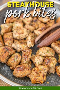 steakhouse pork bites on a plate with a wooden spoon in the middle and text overlay that reads steakhouse pork bites