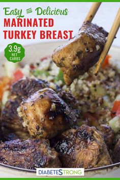 the cover of easy delicious marinated turkey breast is shown with chopsticks in it