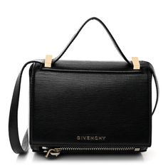 This is an authentic GIVENCHY Textured Calfskin Mini Pandora Box Crossbody Bag in Black. This chic messenger bag is finely crafted of calfskin leather in black. The bag features an adjustable shoulder strap, and a light brass press lock for the facing flap. This opens to a black microsuede interior with a zipper pocket. Luxury Flap Bag With Removable Pouch, Luxury Rectangular Flap Bag With Removable Pouch, High-end Rectangular Box Bag With Detachable Strap, High-end Black Rectangular Box Bag, High-end Leather Box Bag With Rectangular Shape, Designer Evening Satchel With Rectangular Shape, Designer Evening Satchel With Rectangular Case, Luxury Everyday Crossbody Box Bag, Designer Evening Satchel In Rectangular Case