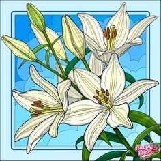 a stained glass window with white lilies in the center and blue sky behind it