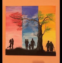 this is an image of family painting on canvases in different colors and sizes with the silhouettes of people standing under a tree