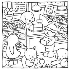 a black and white drawing of children shopping in a store with teddy bears on the shelves