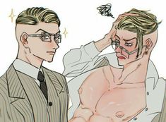 a man is getting his hair cut by another man with glasses and no shirt on