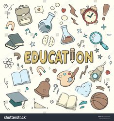 the word education surrounded by doodles and school related items on a white background with clippings