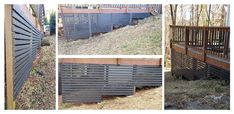 several pictures of different types of fences in the grass and wood, including one with slats on it