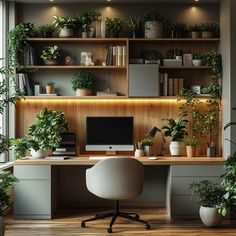 an office with potted plants on the shelves and a desk in front of it