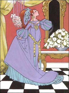 an image of a woman in purple dress looking at herself in the mirror with flowers