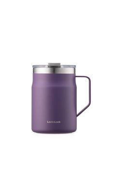 thermos mug with handle in purple is shown on a white background and has a silver lid