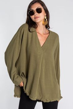 Olivia Oversized Top, Olive :: NEW ARRIVALS :: The Blue Door Boutique Oversized Olive Top For Fall, Oversized Green Chic Top, Casual Oversized Olive Top, Green Oversized Color Block Tops, Oversized Casual Olive Top, Oversized Olive Crew Neck Top, Oversized Green V-neck Top, Oversized Olive Cotton Top, Oversized Top