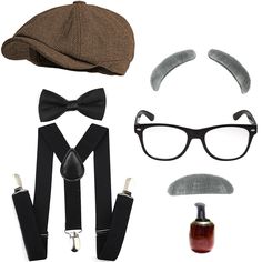 an assortment of men's accessories including a hat, glasses and tie