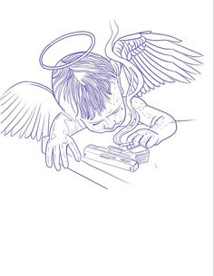 a drawing of an angel sitting on top of a book with his wings spread out