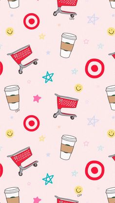 a pink background with coffee cups, stars and circles on the bottom right corner is an image of a shopping cart