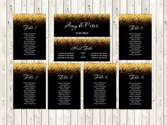 black and gold wedding seating chart with glitter on the table, set of 8 cards