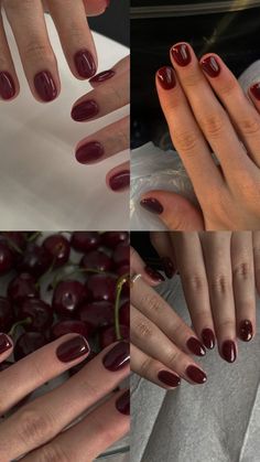 Aesthetic Short Gel Nails, Neutral Red Nails, Maroon Jelly Nails, Downtown Nails Aesthetic, Cherry Red Nails Short, 1940s Nails, Short Nails Round, Short Nails Aesthetic, Summer Trendy Nails