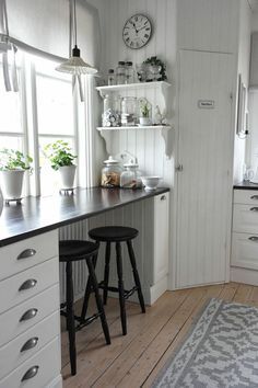 a kitchen with two stools in front of the counter and an area rug on the floor