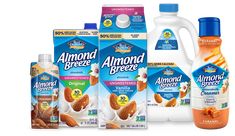 two gallon jugs of almond breeze and one gallon bottle of unsweetted milk