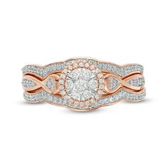 A remarkable and romantic look, this shimmering diamond three-piece bridal set is certain to be quickly accepted. Crafted in precious 10K rose gold, the engagement ring features a sparkling round diamond composite wrapped in a diamond halo frame. Heart-framed diamond trios flank the centerpiece, while diamond-adorned polished twist frames create the shank. On your wedding day, two coordinating contoured diamond bands complete this sculpted design. Radiant with 1/3 ct. t.w. of diamonds and a bril Rose Gold Bridal Sets Fine Jewelry, Rose Gold Diamond Bridal Sets In Fine Jewelry, Rose Gold Diamond Bridal Set, Formal Rose Gold Diamond Bridal Sets, Diamond Frame, Perfect Love, Romantic Look, Bridal Set, Diamond Halo