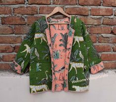 Vintage,Smart,Stylish Summer Spring winter Jacket Coat with pockets and Quilted fully lined style jacket with open front. Reversible to offer two different looks ,all patch are slimier and not exactly same in image Indian Handmade Block Print Jackets, Coats, Boho ,Quilted, For Women`s Jacket  pocket-2 Size - All Size WE INCREASE SIZE MEASURE AND UPDATED extra Small Size - Chest -36 inch Length- 23-24.5 inch approx Sleeves -23 inch Small Size - Chest -38 inch Length- 23-24.5 inch approx Sleeves - Green Bohemian Outerwear With Pockets, Quilted Jacket Women, Open Kimono, Womens Quilted Jacket, White Patches, Peach And Green, Winter Coats Jackets, Print Jacket, Vintage Quilts