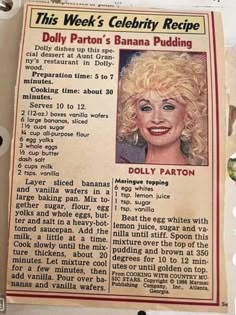 an old newspaper article with dolly parton's celebrity recipe