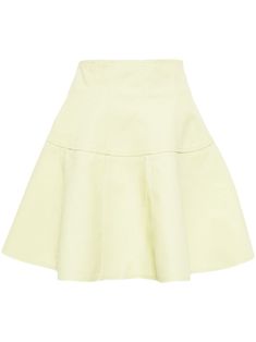 light green high-waisted ruffled detailing bell-shape design concealed side zip fastening Chic Spring Skirt With Flared Hem, Spring Chic Skirt With Flared Hem, Chic Pleated Skirt With Flared Hem, Ruffled Mini Skirt For Workwear, Ruffled Mini Skirt For Work, Green Ruffled Mini Skirt, Elegant Green Flared Mini Skirt, Chic Voluminous Green Skirt, Chic Green Tiered Mini Skirt